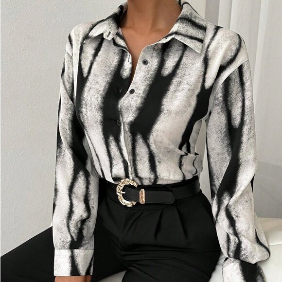 Black and White Casual Women's Long Sleeve Business Shirt - Picture 7 of 7